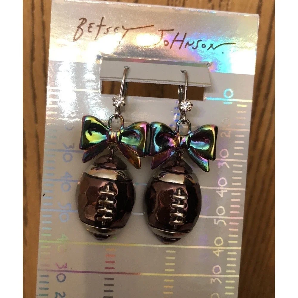 Betsey Johnson Touch Down Iridescent Bow & Brown Metallic Football Drop Earrings
